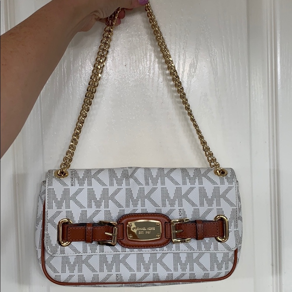 Michael Kors white & tan gold chain shoulder purse